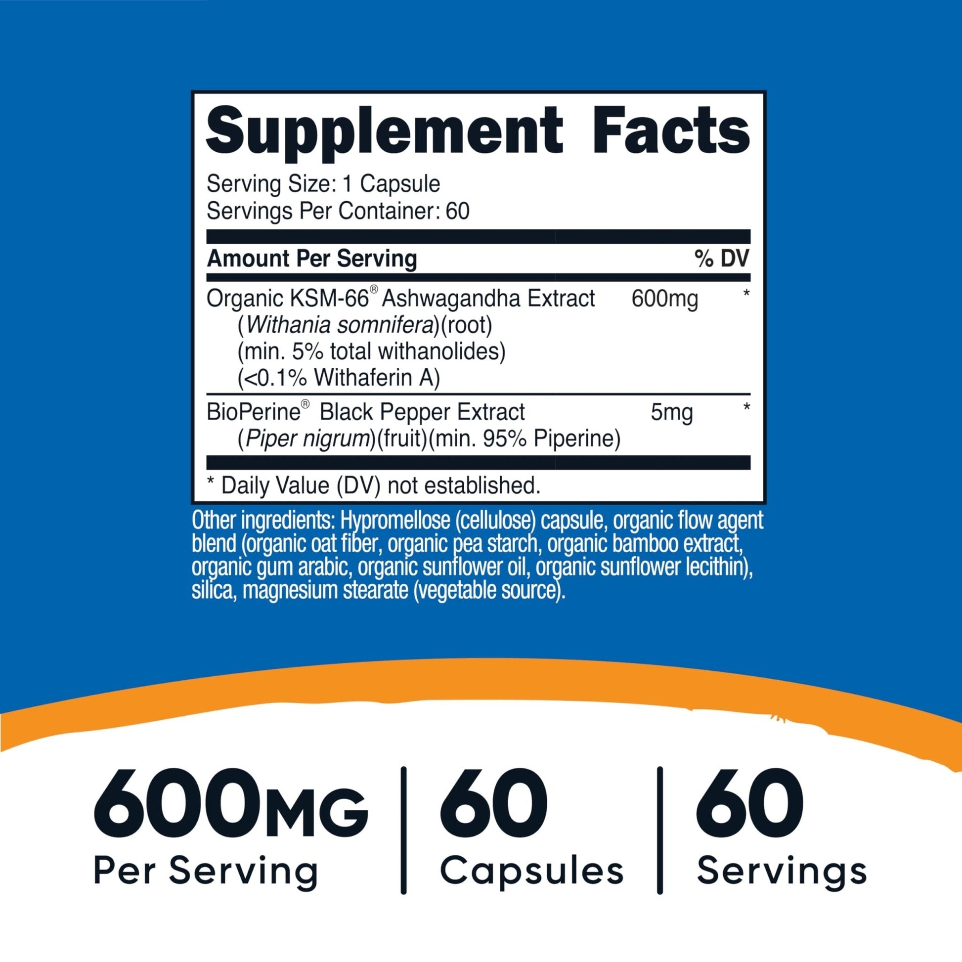 Nutricost KSM-66 Ashwagandha Root Extract 600mg, 60 Veggie Caps - 5% Withanolides - with BioPerine - Full-Spectrum Root Extract - Maple Wellness Supplements