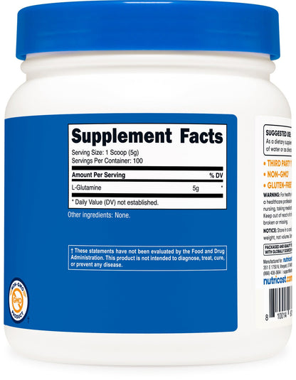 Nutricost L-Glutamine Powder (500 Grams) Unflavored - Gluten Free & Non-GMO, 100 Servings - Maple Wellness Supplements