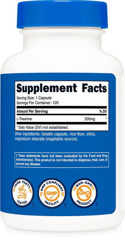 Nutricost L-Theanine 200mg, 120 Capsules, Double Strength - Non-GMO, Gluten Free - Maple Wellness Supplements