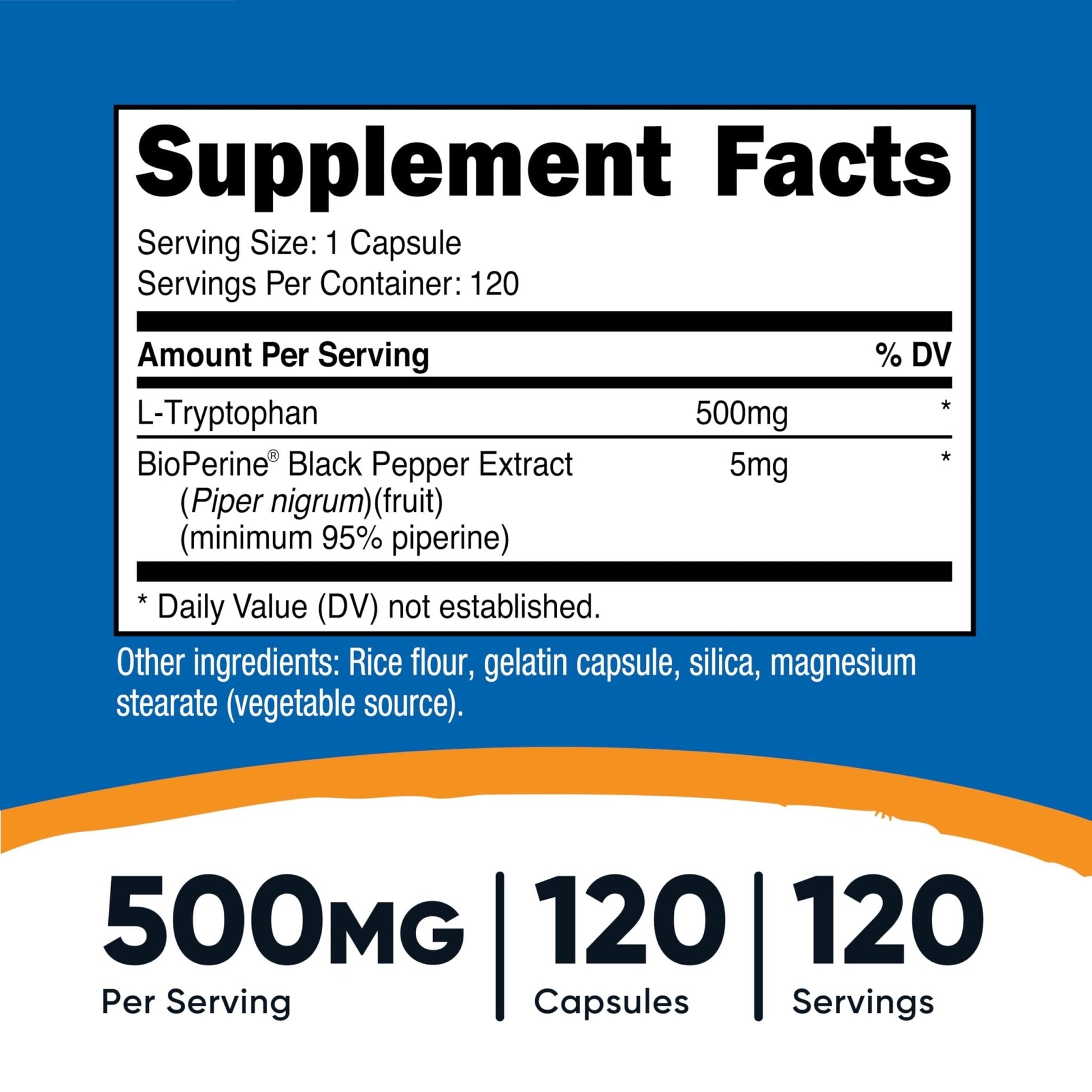 Nutricost L-Tryptophan 500mg, 120 Capsules - with BioPerine, Gluten Free, Non-GMO - Maple Wellness Supplements