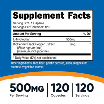 Nutricost L-Tryptophan 500mg, 120 Capsules - with BioPerine, Gluten Free, Non-GMO - Maple Wellness Supplements