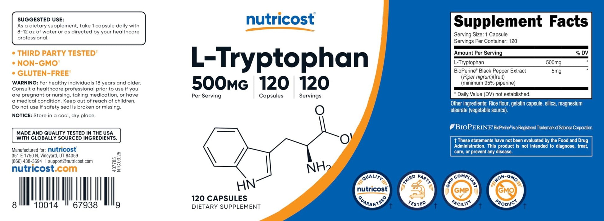 Nutricost L-Tryptophan 500mg, 120 Capsules - with BioPerine, Gluten Free, Non-GMO - Maple Wellness Supplements