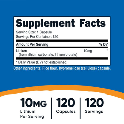 Nutricost Lithium Orotate (10mg) 120 Capsules - Vegan Lithium Supplement, GMO-Free, Gluten-Free - Maple Wellness Supplements