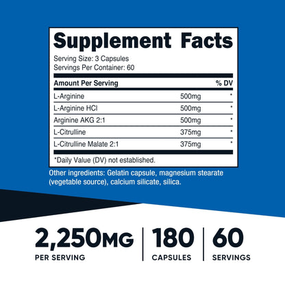 Nutricost Nitric Oxide Booster 2250mg, 180 Capsules - 750mg Per Casule, 60 Servings - Gluten Free and Non-GMO - Maple Wellness Supplements