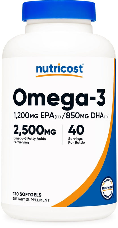 Nutricost Omega 3 Fish Oil - 2500MG, 120 Softgels (40 Serv) - Fish Oil, Wild Caught! 1200mg EPA 850mg DHA - Maple Wellness Supplements