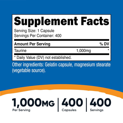 Nutricost Taurine 1000mg, 400 Capsules - Maple Wellness Supplements