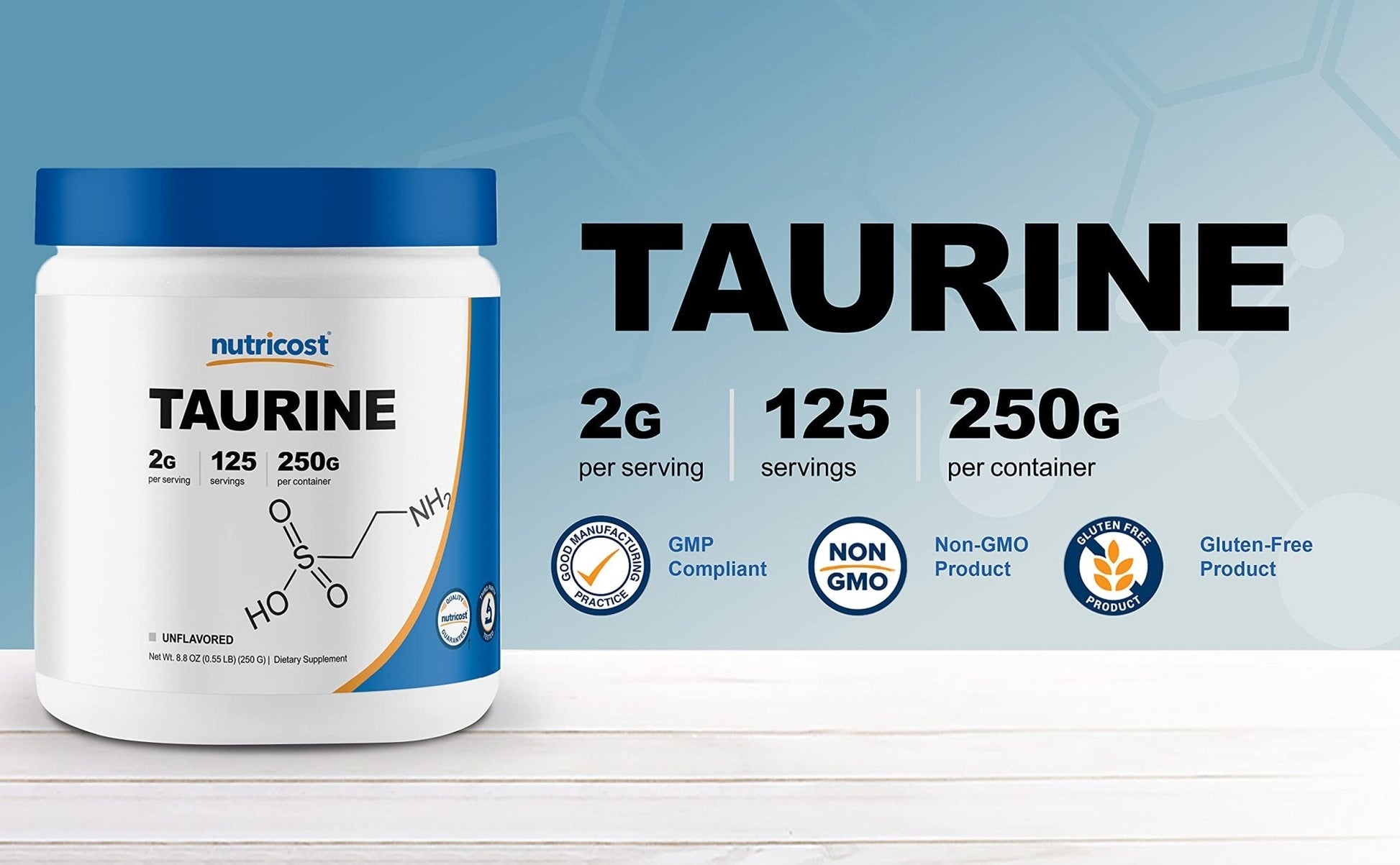 Nutricost Taurine Powder 250 Grams - 125 Servings, 2000mg Per Serving - Maple Wellness Supplements