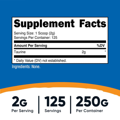 Nutricost Taurine Powder 250 Grams - 125 Servings, 2000mg Per Serving - Maple Wellness Supplements