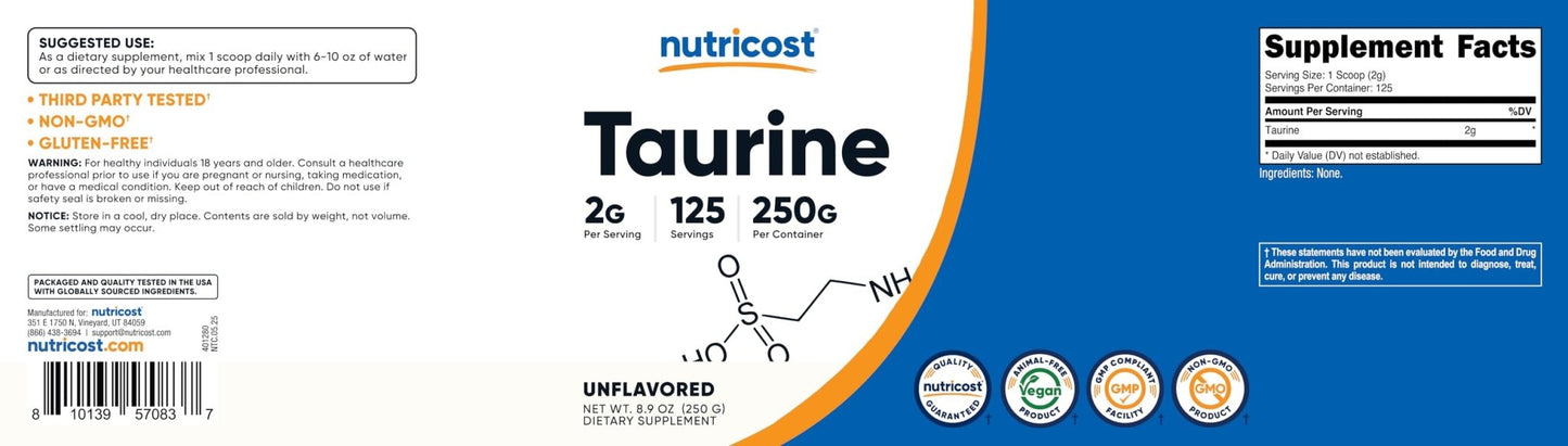 Nutricost Taurine Powder 250 Grams - 125 Servings, 2000mg Per Serving - Maple Wellness Supplements