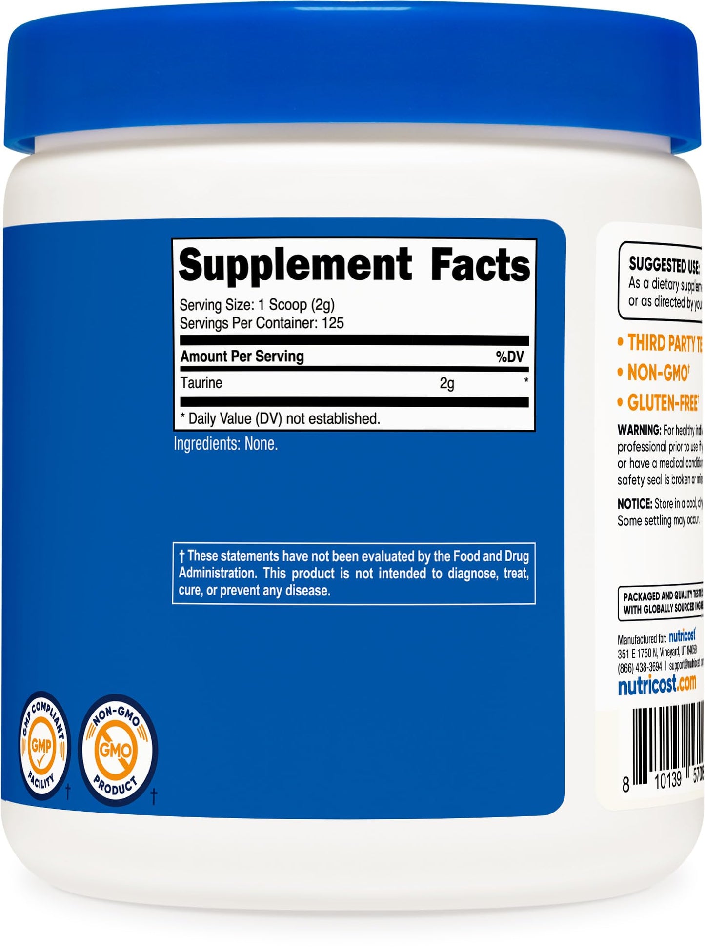 Nutricost Taurine Powder 250 Grams - 125 Servings, 2000mg Per Serving - Maple Wellness Supplements