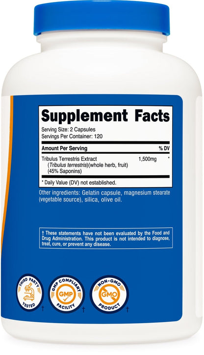 Nutricost Tribulus Terrestris Extract 1500mg, 240 Capsules - 45% Saponins, 120 Servings, Non-GMO, Gluten Free - Maple Wellness Supplements