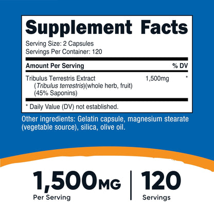 Nutricost Tribulus Terrestris Extract 1500mg, 240 Capsules - 45% Saponins, 120 Servings, Non-GMO, Gluten Free - Maple Wellness Supplements