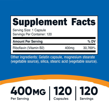 Nutricost Vitamin B2 (Riboflavin) 400mg, 120 Capsules - Gluten Free, Non-GMO - Maple Wellness Supplements