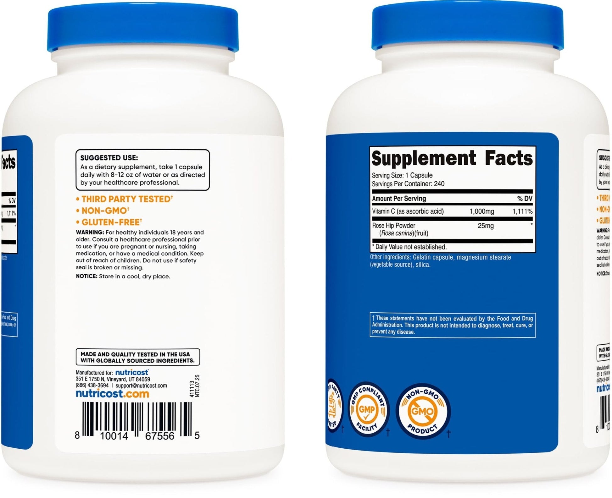 Nutricost Vitamin C with Rose Hips 1025mg, 240 Capsules - Vitamin C 1,000mg, Rose Hips 25mg, Premium - Maple Wellness Supplements