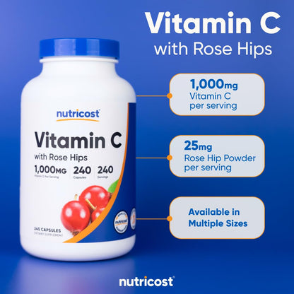 Nutricost Vitamin C with Rose Hips 1025mg, 240 Capsules - Vitamin C 1,000mg, Rose Hips 25mg, Premium - Maple Wellness Supplements