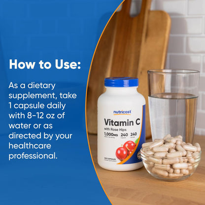 Nutricost Vitamin C with Rose Hips 1025mg, 240 Capsules - Vitamin C 1,000mg, Rose Hips 25mg, Premium - Maple Wellness Supplements