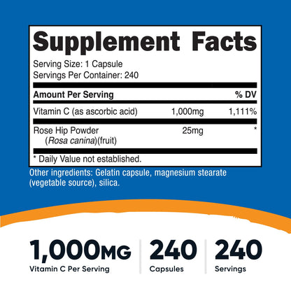 Nutricost Vitamin C with Rose Hips 1025mg, 240 Capsules - Vitamin C 1,000mg, Rose Hips 25mg, Premium - Maple Wellness Supplements