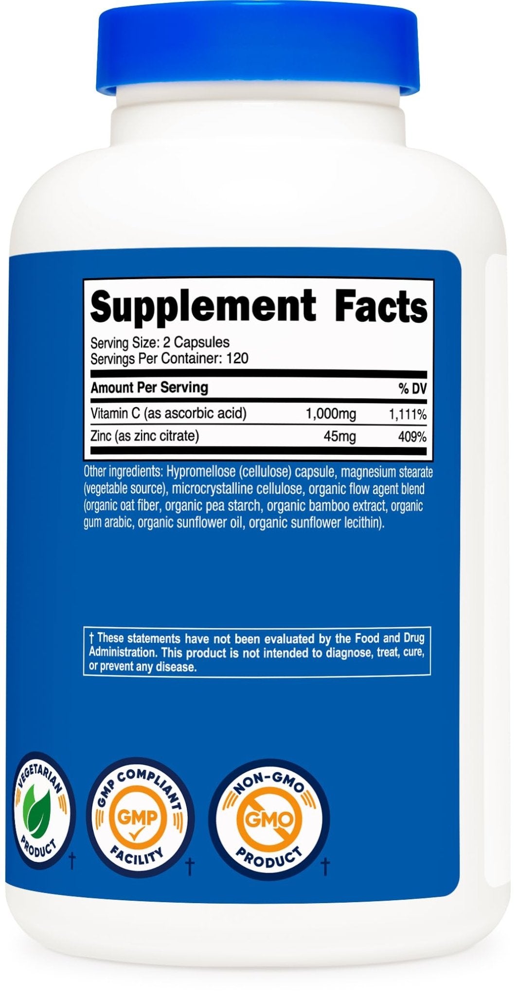Nutricost Vitamin C with Zinc Capsules, 120 Servings - 1000mg, 45mg Zinc, Non-GMO, Gluten Free Vitamin C Supplement - Maple Wellness Supplements