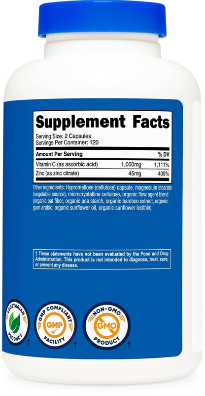 Nutricost Vitamin C with Zinc Capsules, 120 Servings - 1000mg, 45mg Zinc, Non-GMO, Gluten Free Vitamin C Supplement - Maple Wellness Supplements