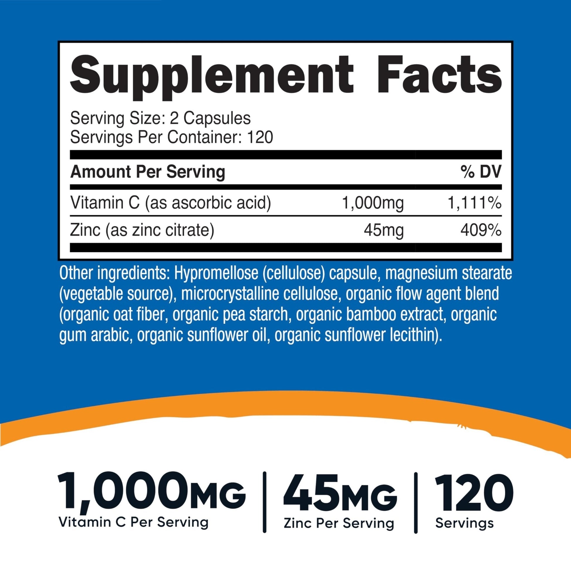 Nutricost Vitamin C with Zinc Capsules, 120 Servings - 1000mg, 45mg Zinc, Non-GMO, Gluten Free Vitamin C Supplement - Maple Wellness Supplements