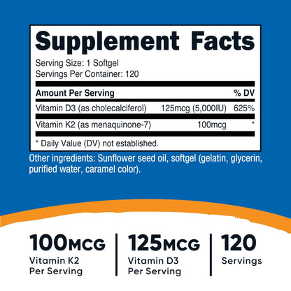 Nutricost Vitamin D3 + K2 (5000 IU D3 / 100mcg MK7), 120 Softgels – Gluten-Free & Non-GMO - Maple Wellness Supplements