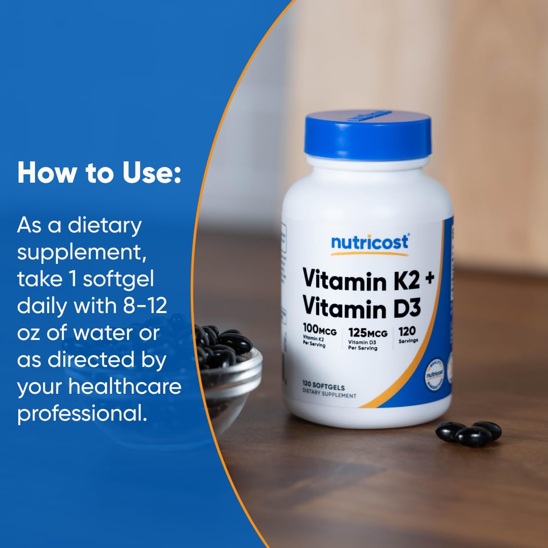 Nutricost Vitamin D3 + K2 (5000 IU D3 / 100mcg MK7), 120 Softgels – Gluten-Free & Non-GMO - Maple Wellness Supplements