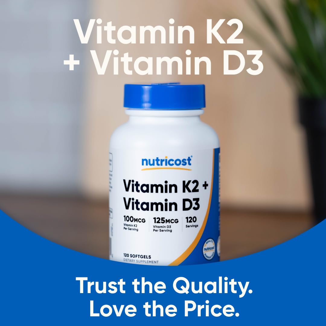 Nutricost Vitamin D3 + K2 (5000 IU D3 / 100mcg MK7), 120 Softgels – Gluten-Free & Non-GMO - Maple Wellness Supplements