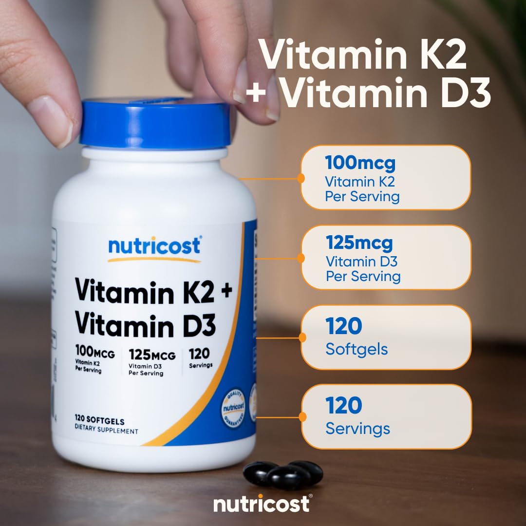 Nutricost Vitamin D3 + K2 (5000 IU D3 / 100mcg MK7), 120 Softgels – Gluten-Free & Non-GMO - Maple Wellness Supplements