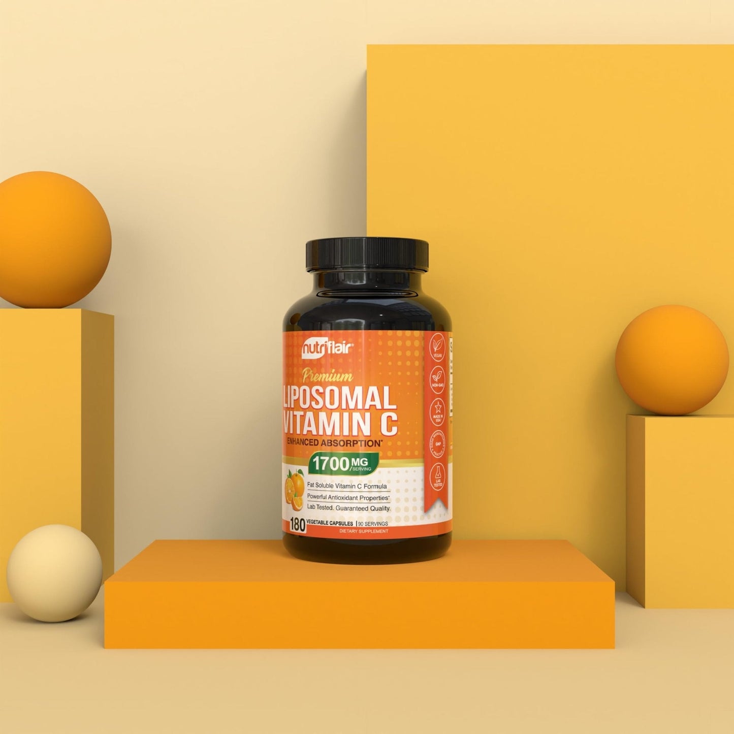 NutriFlair Liposomal Vitamin C 1700mg, 180 Capsules - High Absorption, Fat Soluble VIT C, Higher Bioavailability Immune System Support - Maple Wellness Supplements