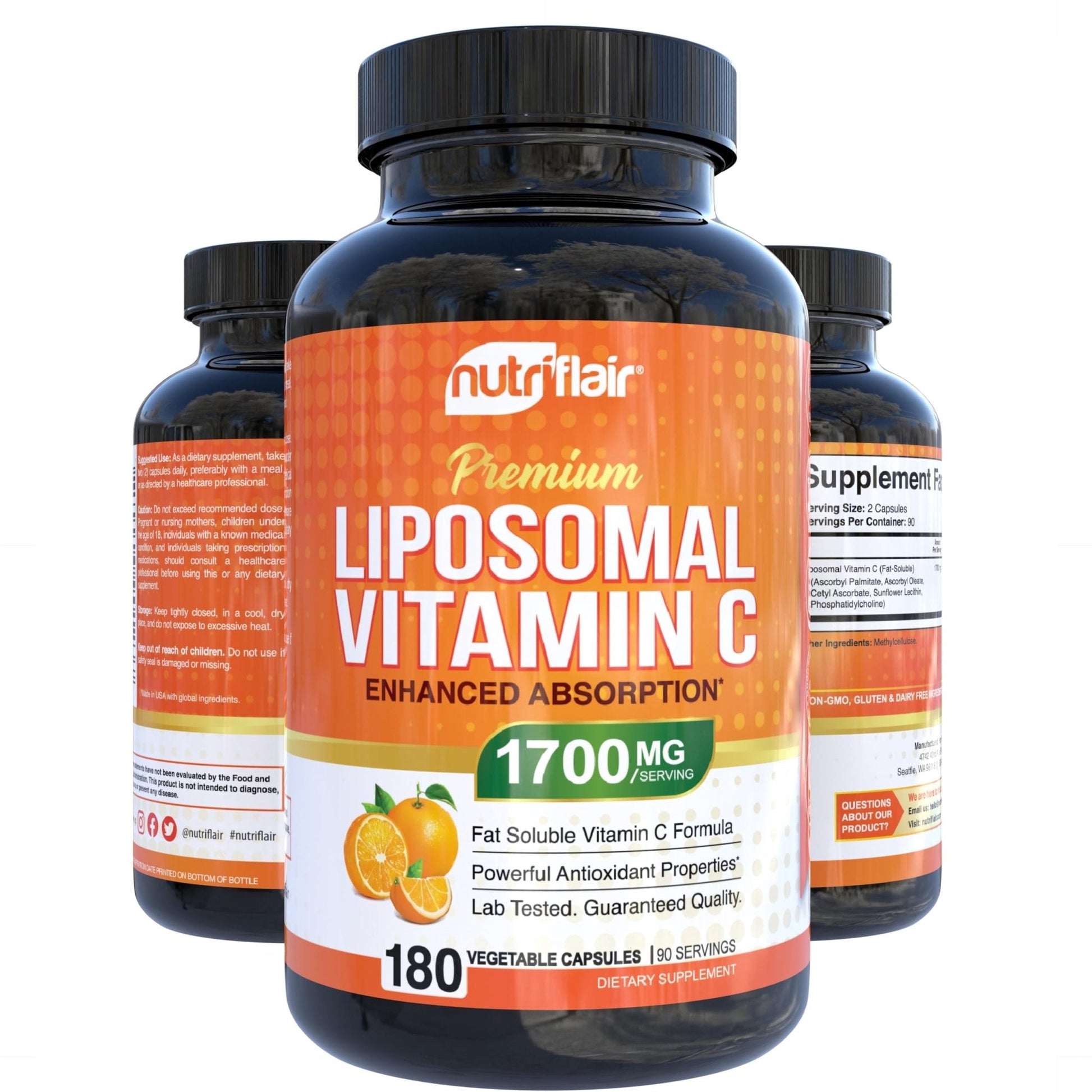 NutriFlair Liposomal Vitamin C 1700mg, 180 Capsules - High Absorption, Fat Soluble VIT C, Higher Bioavailability Immune System Support - Maple Wellness Supplements