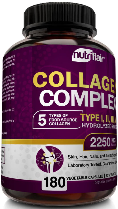 NutriFlair Multi Collagen Peptides 2250mg - Type I, II, III, V, X - Collagen Supplements Complex Powder Pills for Women and Men - Hydrolyzed Protein, Healthy Hair, Skin, Nails - Non-GMO (180 Capsules) - Maple Wellness Supplements