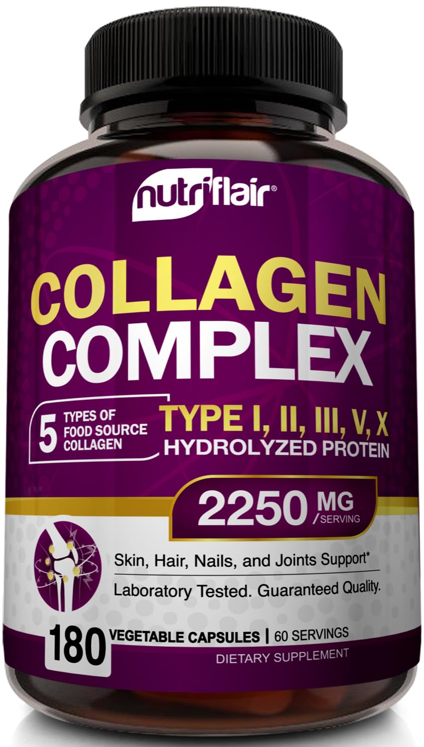 NutriFlair Multi Collagen Peptides 2250mg - Type I, II, III, V, X - Collagen Supplements Complex Powder Pills for Women and Men - Hydrolyzed Protein, Healthy Hair, Skin, Nails - Non-GMO (180 Capsules) - Maple Wellness Supplements