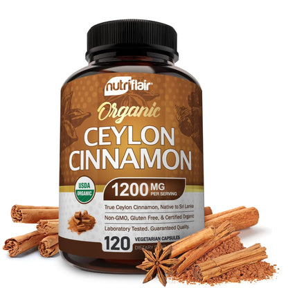 NutriFlair Organic Ceylon Cinnamon Supplement 1200mg, 120 Capsules - USDA Certified - Non-GMO, Gluten Free Powder, Antioxidant Pills - Maple Wellness Supplements