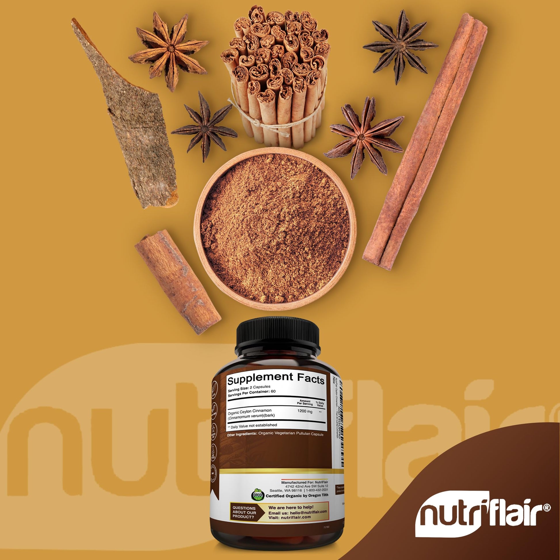 NutriFlair Organic Ceylon Cinnamon Supplement 1200mg, 120 Capsules - USDA Certified - Non-GMO, Gluten Free Powder, Antioxidant Pills - Maple Wellness Supplements