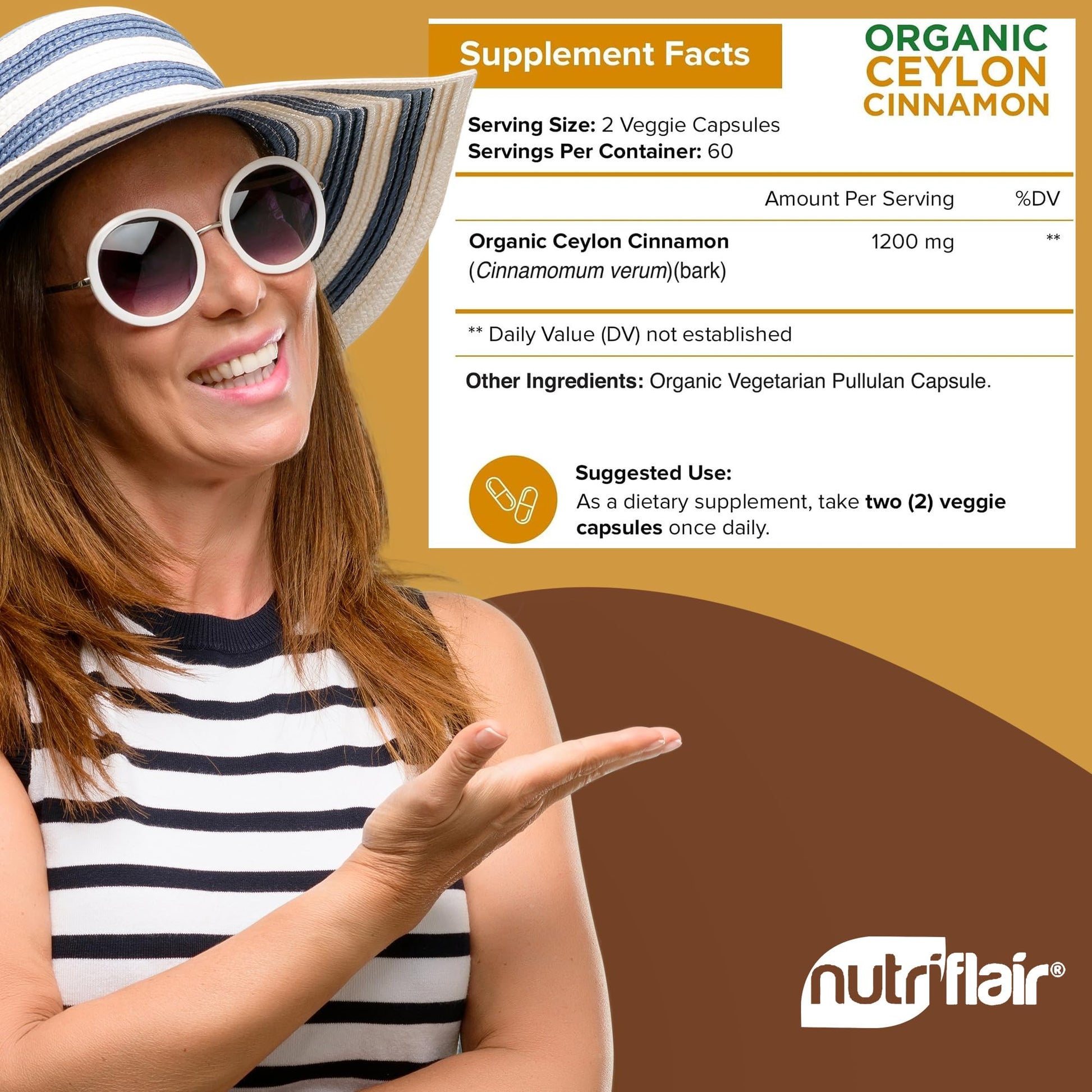 NutriFlair Organic Ceylon Cinnamon Supplement 1200mg, 120 Capsules - USDA Certified - Non-GMO, Gluten Free Powder, Antioxidant Pills - Maple Wellness Supplements