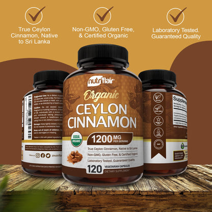 NutriFlair Organic Ceylon Cinnamon Supplement 1200mg, 120 Capsules - USDA Certified - Non-GMO, Gluten Free Powder, Antioxidant Pills - Maple Wellness Supplements