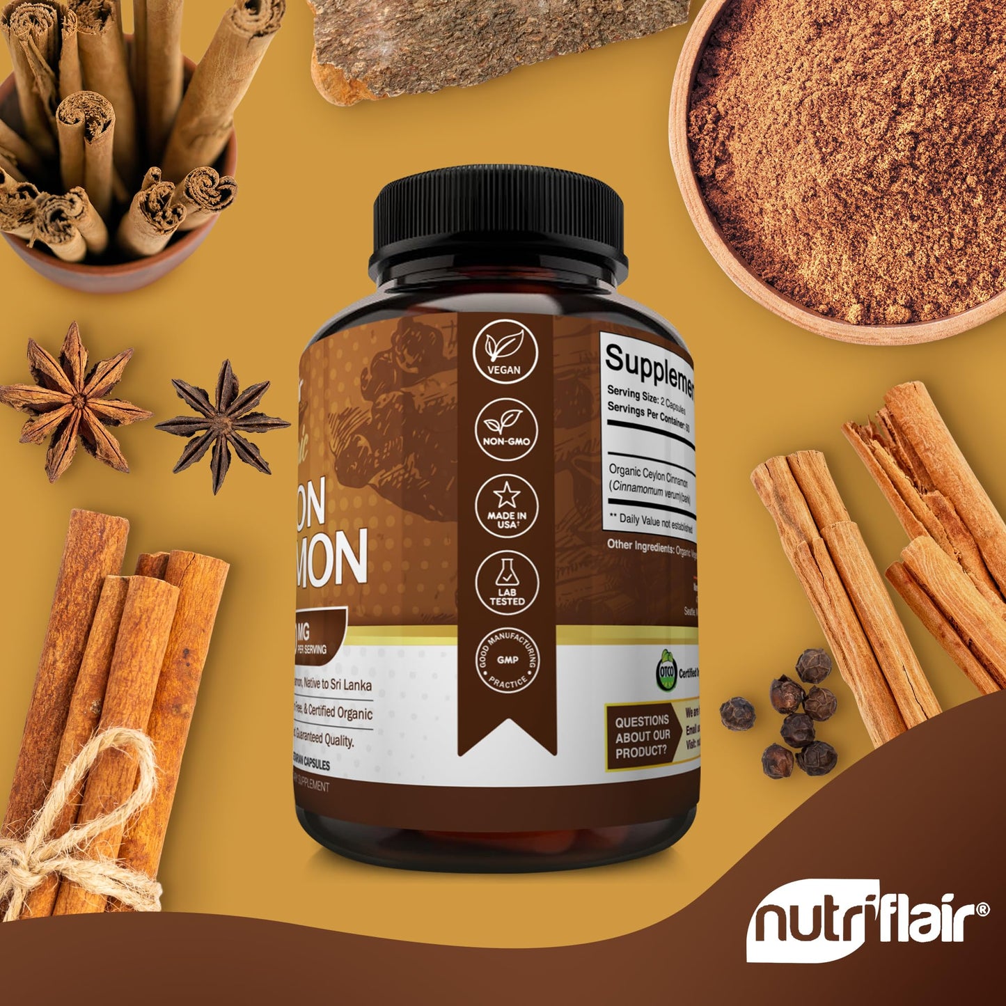 NutriFlair Organic Ceylon Cinnamon Supplement 1200mg, 120 Capsules - USDA Certified - Non-GMO, Gluten Free Powder, Antioxidant Pills - Maple Wellness Supplements