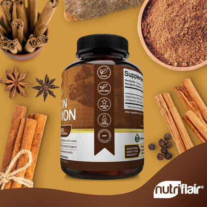 NutriFlair Organic Ceylon Cinnamon Supplement 1200mg, 120 Capsules - USDA Certified - Non-GMO, Gluten Free Powder, Antioxidant Pills - Maple Wellness Supplements