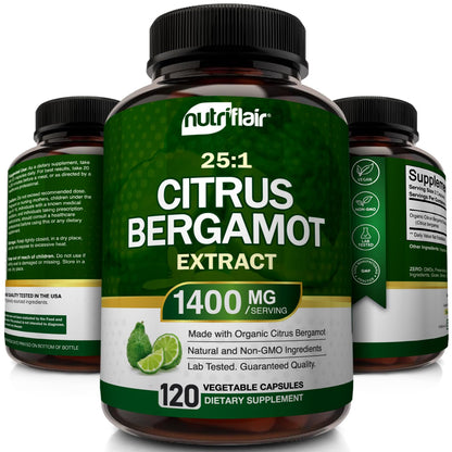 NutriFlair Organic Citrus Bergamot 1400mg, 120 Capsules - 25:1 Bergamia - Essential Oil and Citrus Bioflavonoids - Natural Heart Health Supplements - Maple Wellness Supplements