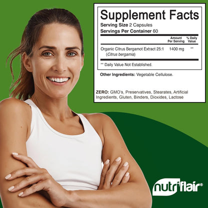 NutriFlair Organic Citrus Bergamot 1400mg, 120 Capsules - 25:1 Bergamia - Essential Oil and Citrus Bioflavonoids - Natural Heart Health Supplements - Maple Wellness Supplements