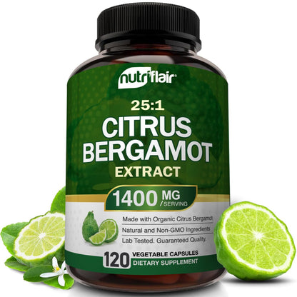 NutriFlair Organic Citrus Bergamot 1400mg, 120 Capsules - 25:1 Bergamia - Essential Oil and Citrus Bioflavonoids - Natural Heart Health Supplements - Maple Wellness Supplements