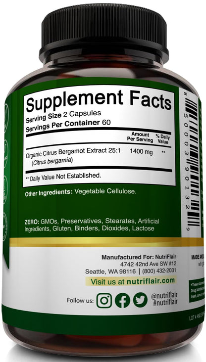 NutriFlair Organic Citrus Bergamot 1400mg, 120 Capsules - 25:1 Bergamia - Essential Oil and Citrus Bioflavonoids - Natural Heart Health Supplements - Maple Wellness Supplements