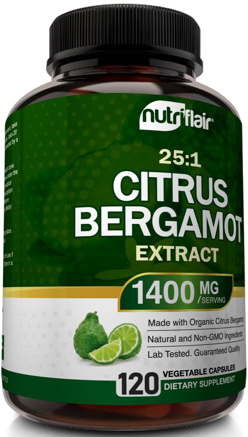 NutriFlair Organic Citrus Bergamot 1400mg, 120 Capsules - 25:1 Bergamia - Essential Oil and Citrus Bioflavonoids - Natural Heart Health Supplements - Maple Wellness Supplements