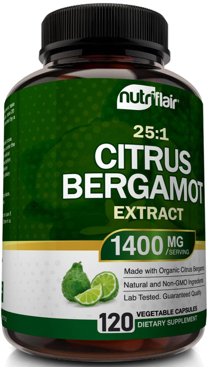NutriFlair Organic Citrus Bergamot 1400mg, 120 Capsules - 25:1 Bergamia - Essential Oil and Citrus Bioflavonoids - Natural Heart Health Supplements - Maple Wellness Supplements