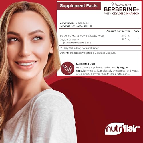 NutriFlair Premium Berberine HCL 1200mg, 120 Capsules - Plus Pure True Ceylon Cinnamon - Maple Wellness Supplements