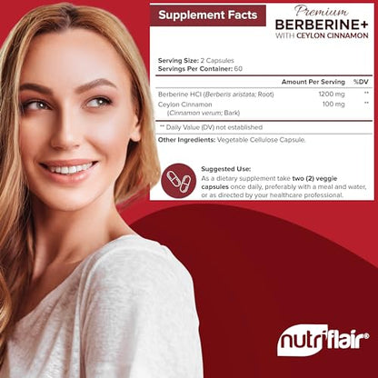 NutriFlair Premium Berberine HCL 1200mg, 120 Capsules - Plus Pure True Ceylon Cinnamon - Maple Wellness Supplements