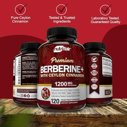 NutriFlair Premium Berberine HCL 1200mg, 120 Capsules - Plus Pure True Ceylon Cinnamon - Maple Wellness Supplements
