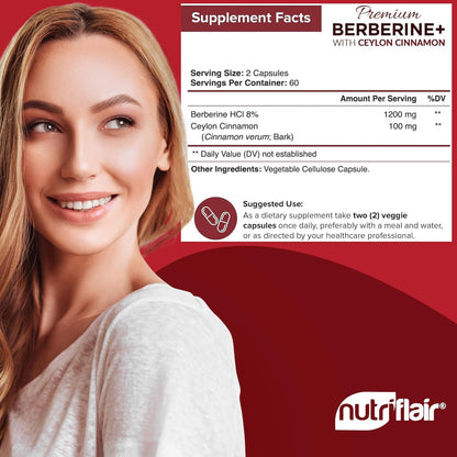 NutriFlair Premium HCL 1200mg, 120 Capsules - Plus Pure True Ceylon Cinnamon - Maple Wellness Supplements