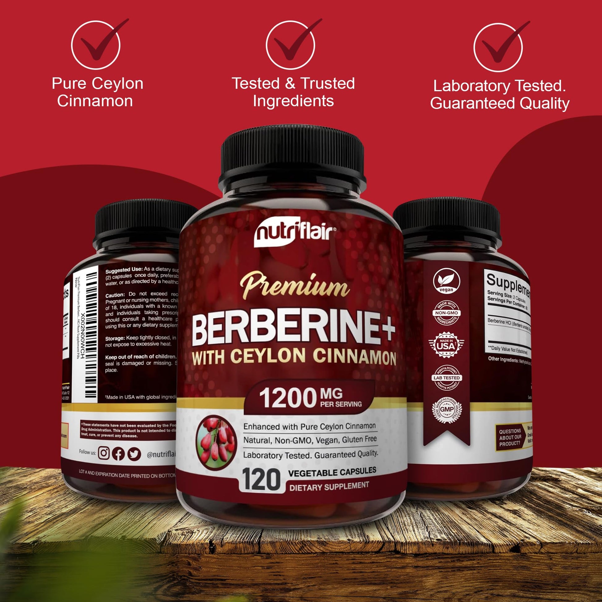 NutriFlair Premium HCL 1200mg, 120 Capsules - Plus Pure True Ceylon Cinnamon - Maple Wellness Supplements
