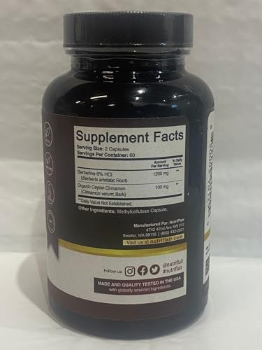 NutriFlair Premium HCL 1200mg, 120 Capsules - Plus Pure True Ceylon Cinnamon - Maple Wellness Supplements